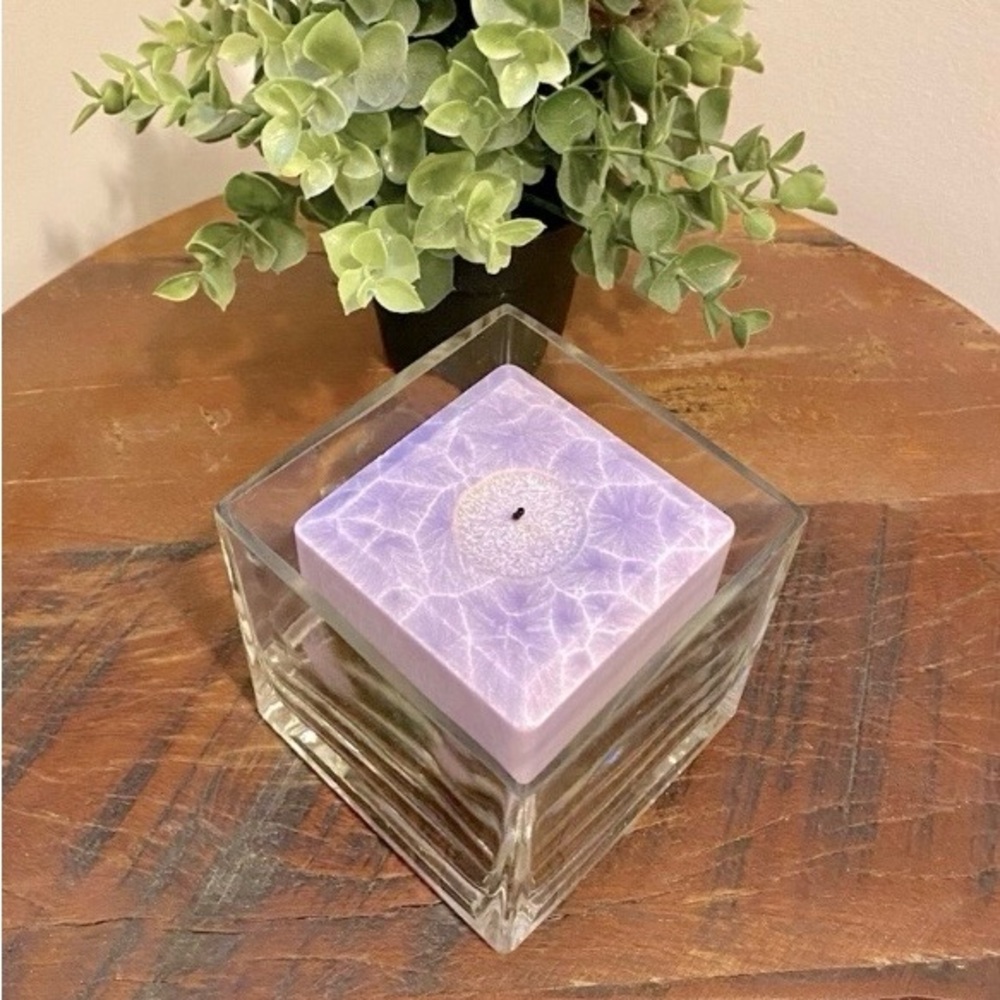 Large Lavender Heavy Glass Candle & Candle Holder